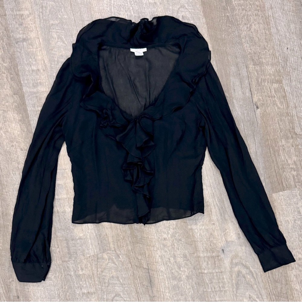 Cache Sheer Black Ruffled Poets Blouse Soft Goth Whimsy Size 10 (sm-med)